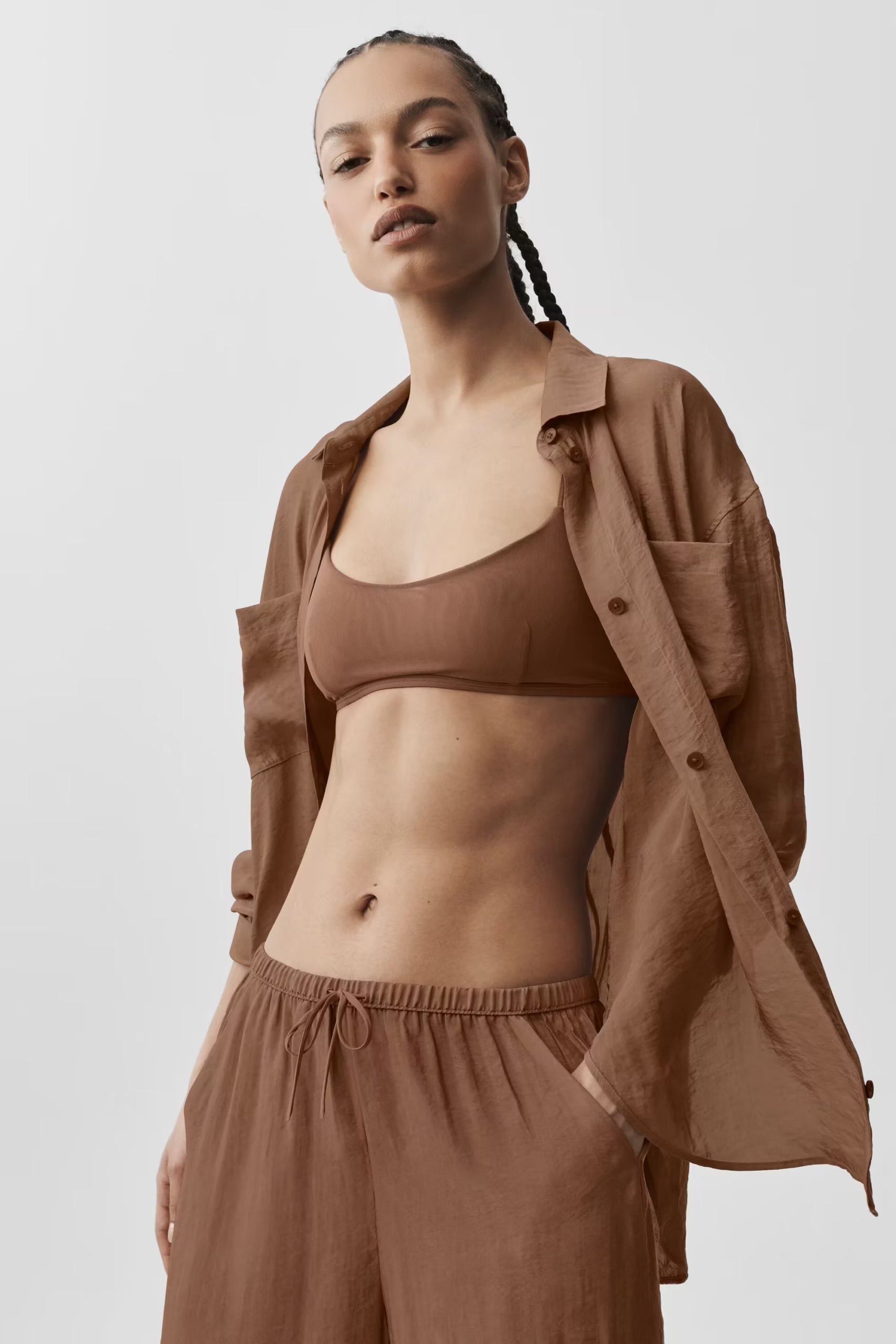 Semi-Sheer Golden Hour Button Down Long Sleeve - Sun Kissed Brown — vue principale